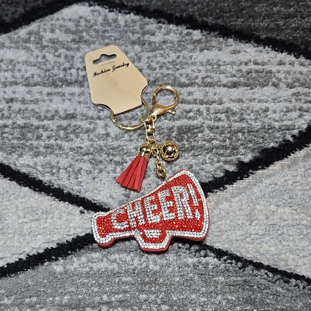 CHEER RHINESTONES RED & SILVER SPARKLING MEGAPHONE KEYCHAIN PURSE CHARM